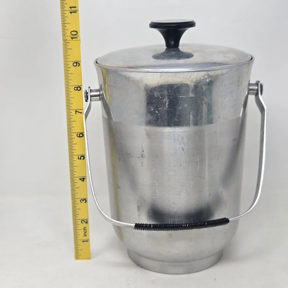 Vintage B-711 Italy Brushed Aluminum Ice Bucket Mid Century Modern Barware Lid